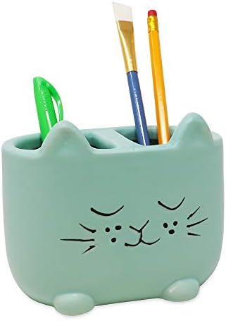 Isaac Jacobs Blue Ceramic Cat Brush Holder Organizer