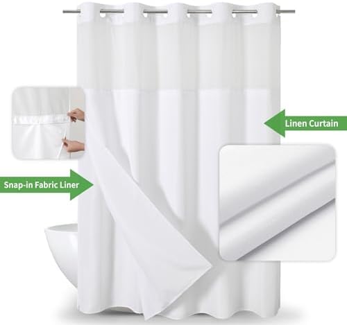 Linen Textured Shower Curtain with Snap-In Liner Set White