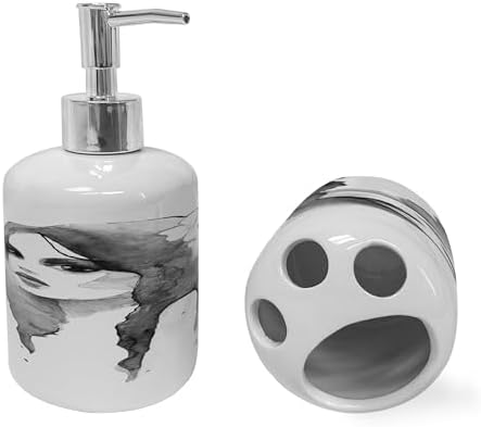 Ambesonne Bathroom Soap Dispenser and Toothbrush Holder Set 2 Pcs White Black
