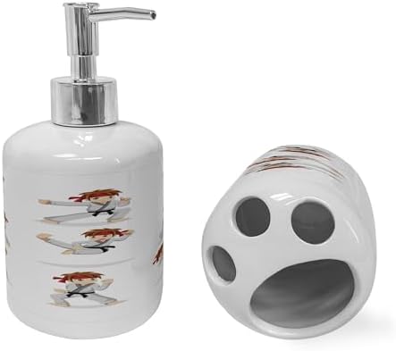 Ambesonne Karate Boy Soap Toothbrush Holder Set 2 Pcs Ceramic Beige Vermilion
