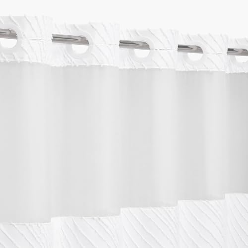 Boho White Shower Curtain Set with Snap Liner and Tufted Design