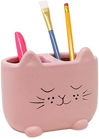 Isaac Jacobs Pink Ceramic Cat Cup Holder Multi-Purpose 2-Section Organizer