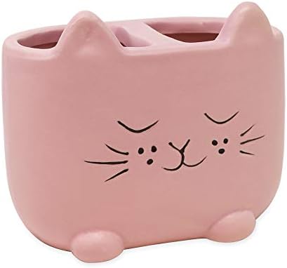 Isaac Jacobs Pink Ceramic Cat Cup Holder Multi-Purpose 2-Section Organizer