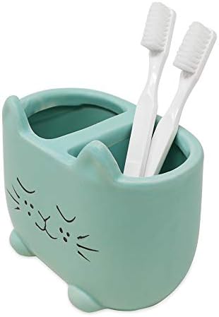 Isaac Jacobs Blue Ceramic Cat Brush Holder Organizer