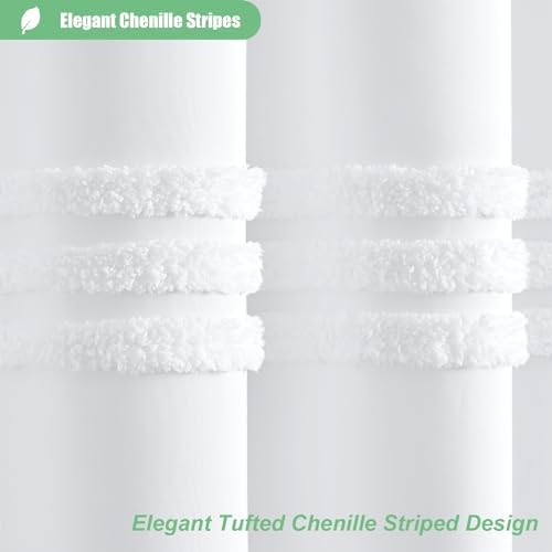 Dynamene White Tufted Chenille Striped Shower Curtain Set
