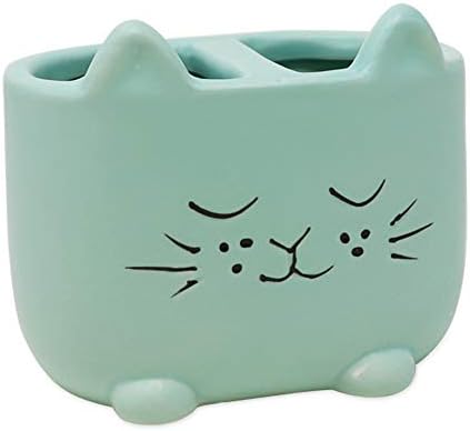 Isaac Jacobs Blue Ceramic Cat Brush Holder Organizer