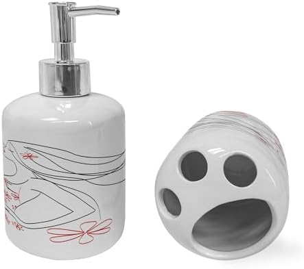 Ambesonne Ceramic Soap Dispenser Toothbrush Holder Set 2 Pcs Charcoal Grey Vermilion
