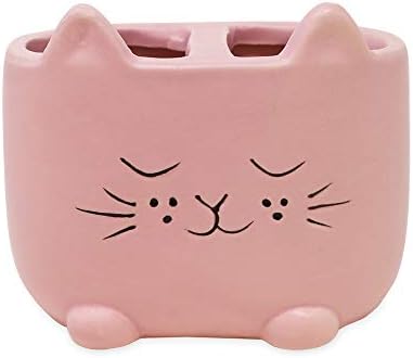 Isaac Jacobs Pink Ceramic Cat Cup Holder Multi-Purpose 2-Section Organizer
