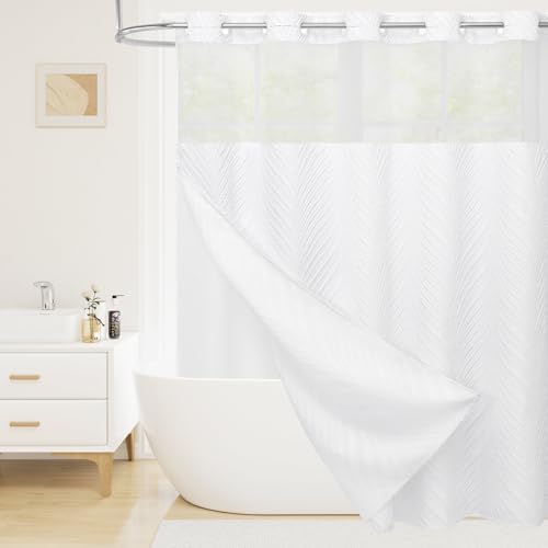 Boho White Shower Curtain Set with Snap Liner and Tufted Design