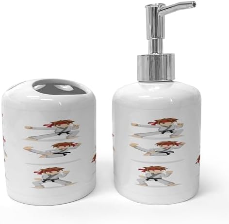 Ambesonne Karate Boy Soap Toothbrush Holder Set 2 Pcs Ceramic Beige Vermilion