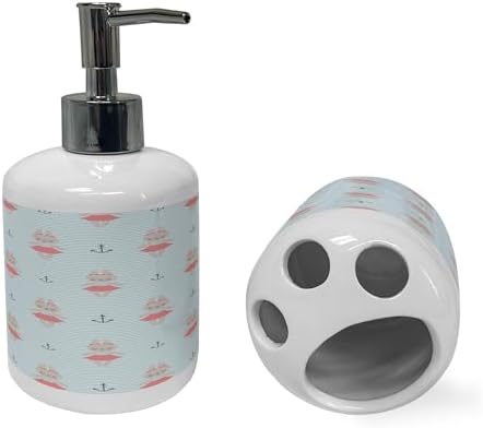 Ambesonne Ceramic Soap Toothbrush Holder Set Pale Tan Bunnies Nautical Pattern 2 Pcs