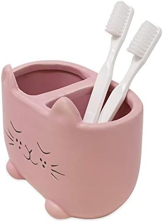 Isaac Jacobs Pink Ceramic Cat Cup Holder Multi-Purpose 2-Section Organizer