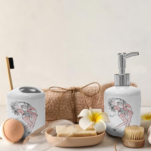 Ambesonne Ceramic Soap Dispenser Toothbrush Holder Set