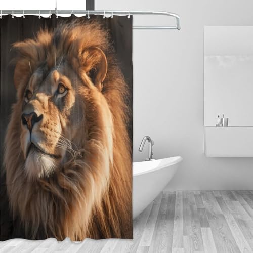Brown Lion Waterproof Shower Curtain Set with 12 Hooks 72x72in