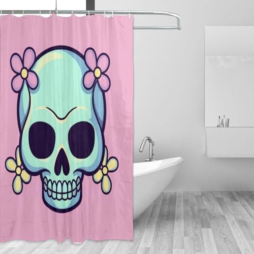 TIYAANDSY Cartoon Skull Pink Flower Shower Curtain Set