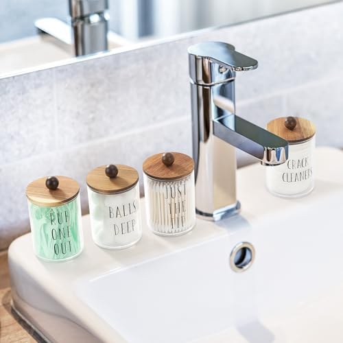 4 Pack Qtip Holder with Wood Lids - 10 oz Clear Storage Jars