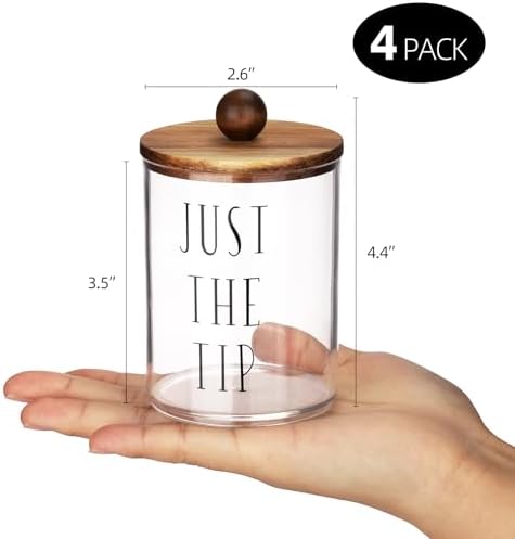 4 Pack Qtip Holder with Wood Lids - 10 oz Clear Storage Jars