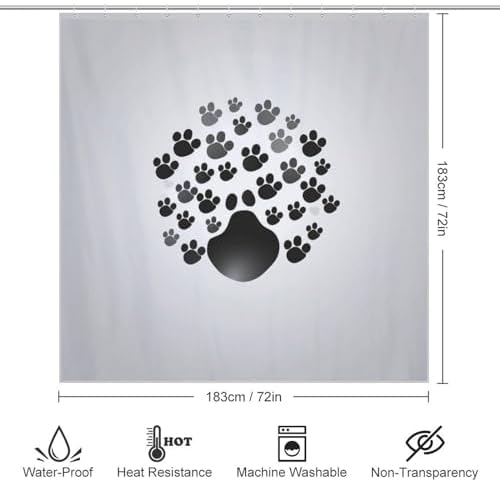 Black Paw Prints Shower Curtain Set with 12 Hooks 72x72in