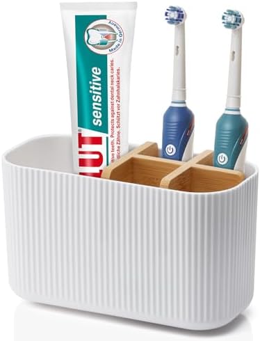 White Toothbrush Holder - Bamboo Toothbrush Organizer for Bathrooms