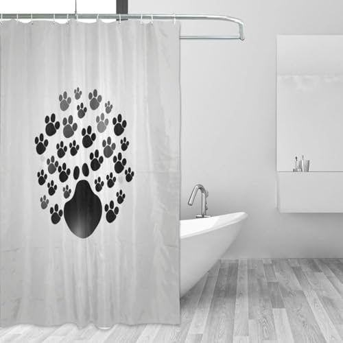 Black Paw Prints Shower Curtain Set with 12 Hooks 72x72in