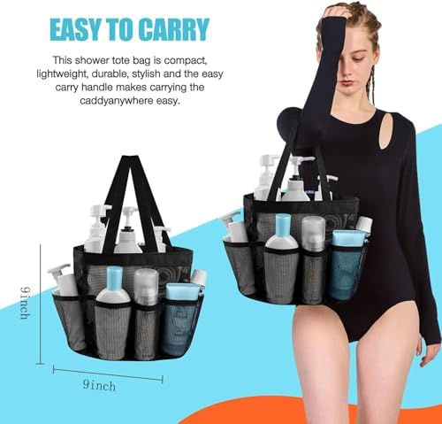 Portable Mesh Shower Caddy with 8 Pockets Black