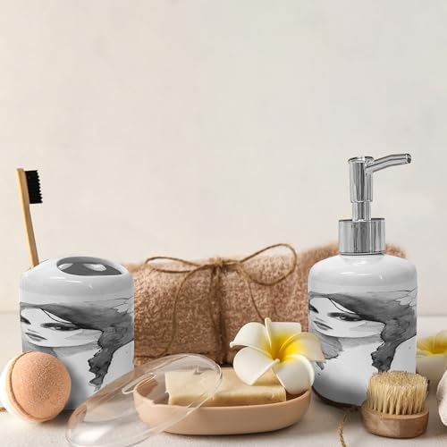Ambesonne Bathroom Soap Dispenser and Toothbrush Holder Set 2 Pcs White Black