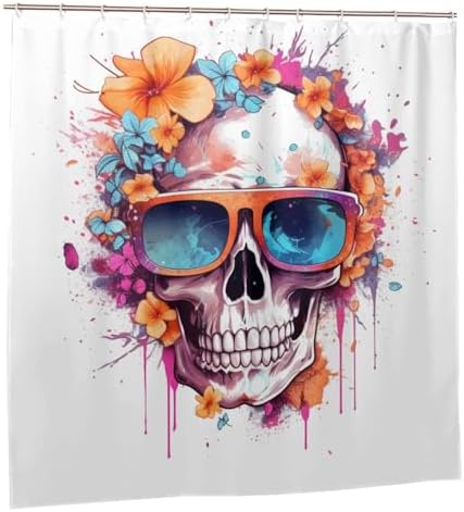 Boho Blue Flower Skull Shower Curtain Set with 12 Hooks 1
