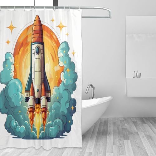 Cartoon Rocket Shower Curtain Set with 12 Hooks 72x72in