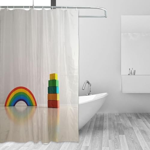 Rainbow Building Blocks Shower Curtain Set with 12 Hooks
