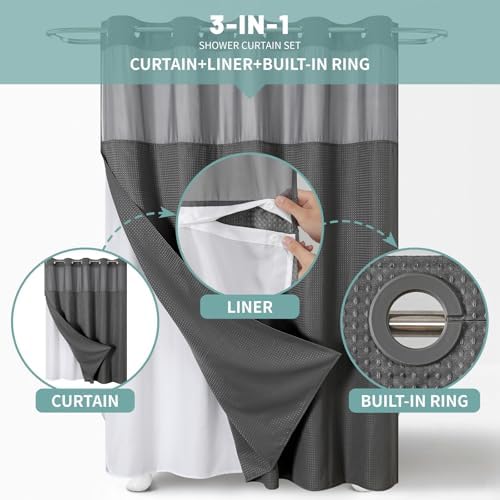 Charcoal Grey Waffle Weave Shower Curtain with Snap Liner Replacement