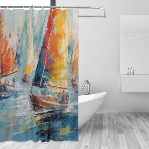 Red White Sailboat Shower Curtain Set with 12 Hooks 72x72in