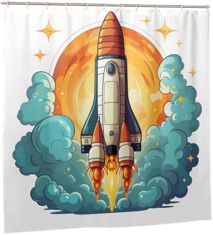 Cartoon Rocket Shower Curtain Set with 12 Hooks 72x72in