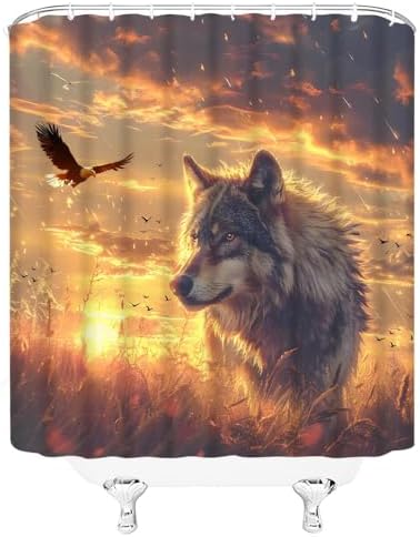GIXKOXE Wolf Shower Curtain with Desert Sunset Design