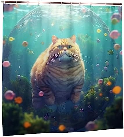 Cute Fat Cat Underwater Fun Fish Shower Curtain Set