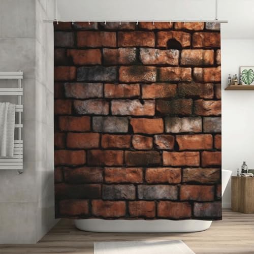 Red Brick Wall Pattern Shower Curtain Set with 12 Hooks