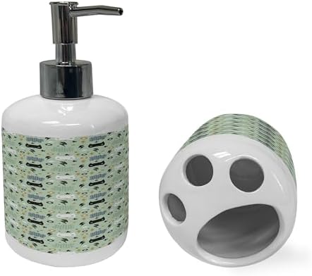 Ambesonne Cartoon Soap Dispenser Toothbrush Holder Set 2 Pcs Mint Green