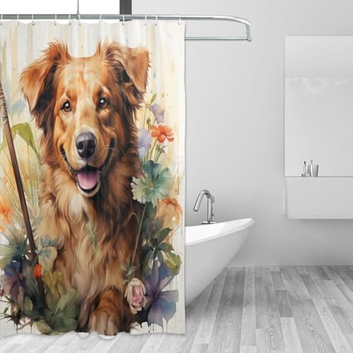 Brown Dog Pattern Waterproof Shower Curtain Set with 12 Hooks 72x72in