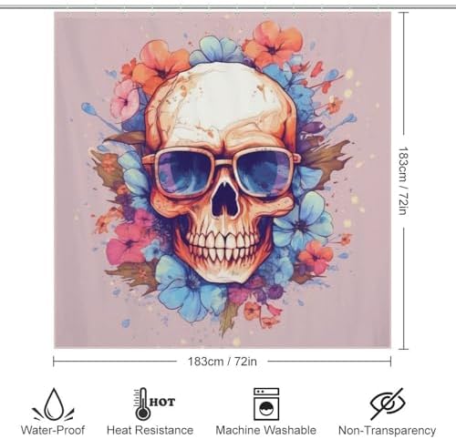 Boho Blue Flower Skull Shower Curtain Set with 12 Hooks