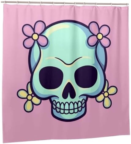 TIYAANDSY Cartoon Skull Pink Flower Shower Curtain Set