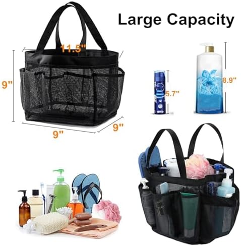 Portable Mesh Shower Caddy with 8 Pockets Black