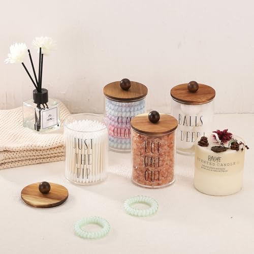 4 Pack Qtip Holder with Wood Lids - 10 oz Clear Storage Jars