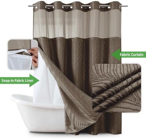 No Hook Shower Curtain Set with Boho Tufted Stripes and See Through Top