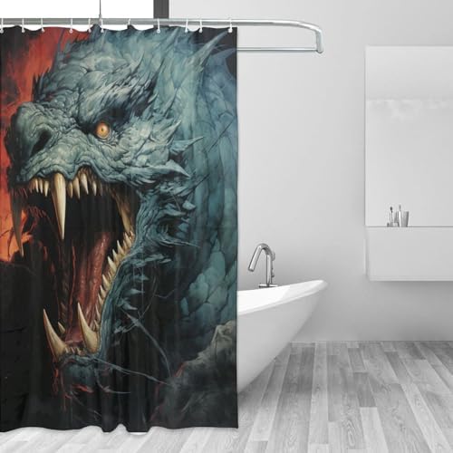 Roaring Dragon Waterproof Shower Curtain Set 72x72in with 12 Hooks