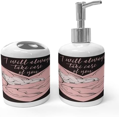 Ambesonne Love Theme Soap Dispenser Toothbrush Holder Set Pale Pink Dark Brown