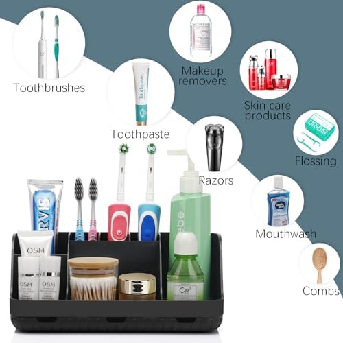 Black Toothbrush Holder with 7 Slots and Drainage