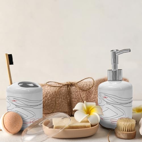 Ambesonne Ceramic Soap Dispenser Toothbrush Holder Set 2 Pcs Charcoal Grey Vermilion