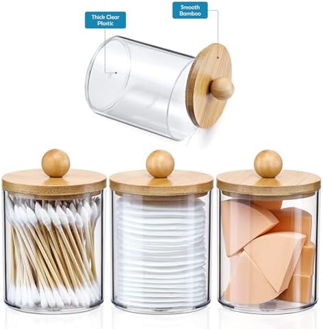 DIYOHFE 3PC Acrylic Q-Tip Dispenser with Wood Lid