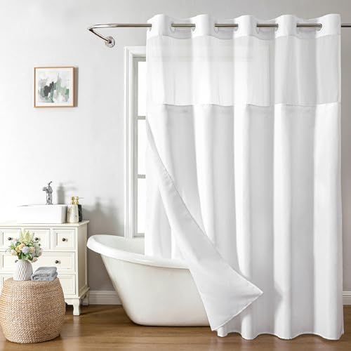 Linen Textured Shower Curtain with Snap-In Liner Set White