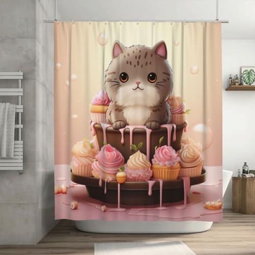Cute Pink Ice Cream Cat Shower Curtain Set with 12 Hooks 72x72in