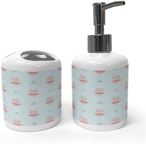 Ambesonne Ceramic Soap Toothbrush Holder Set Pale Tan Bunnies Nautical Pattern 2 Pcs
